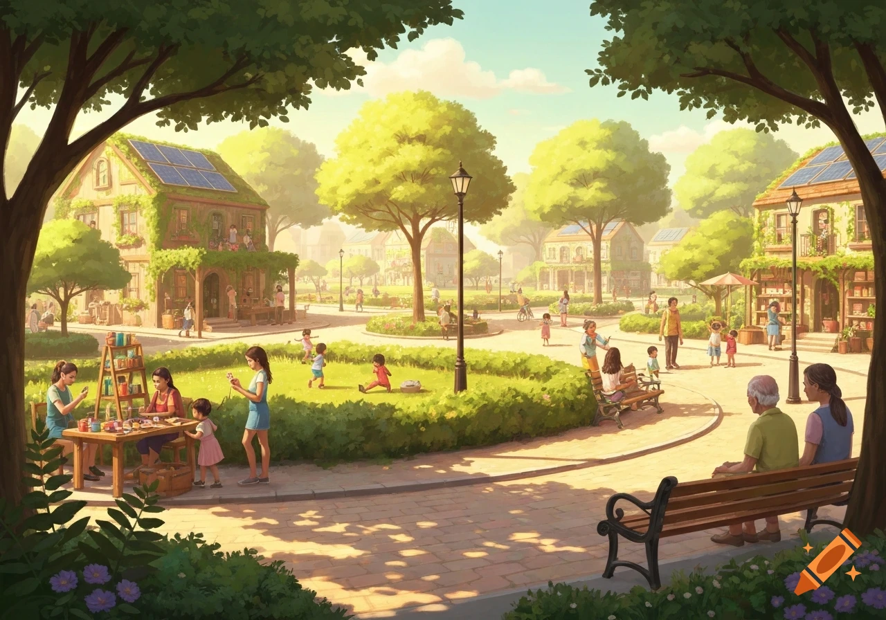 A colorful illustration of a lively green community park with people and children around eco-friendly homes with solar panels.