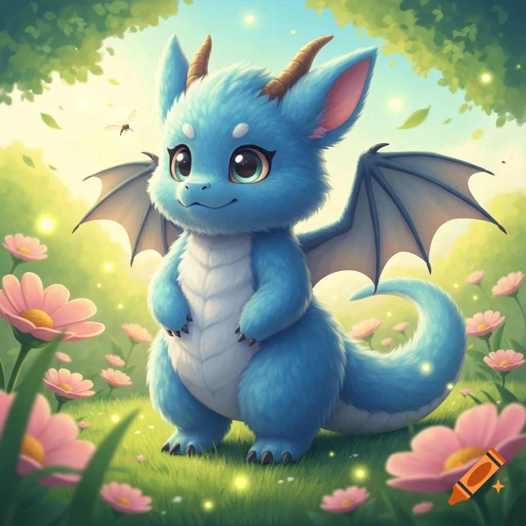 A cute, fluffy blue dragon with large eyes and small wings stands in a vibrant green field with pink flowers under a sunny sky.