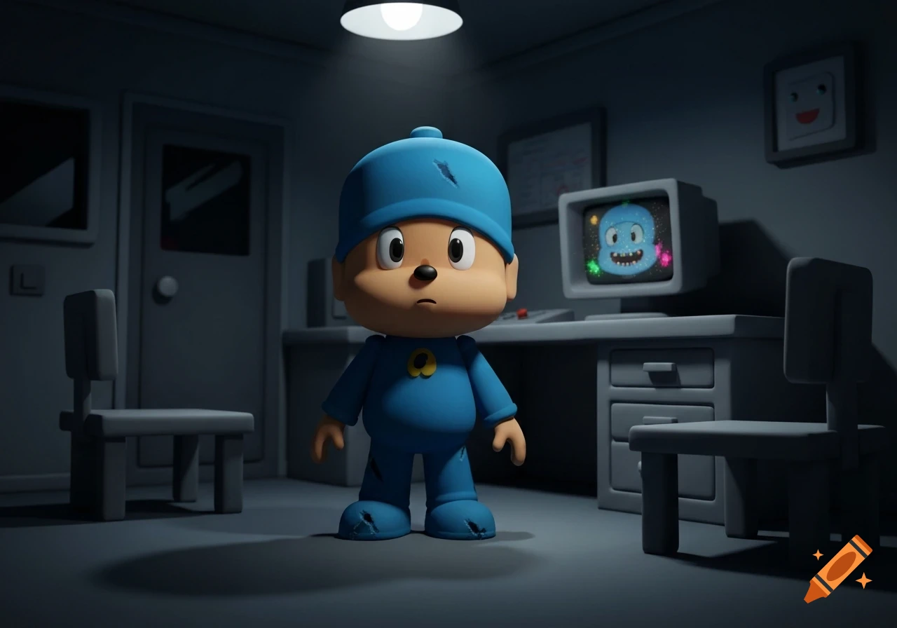 Pocoyo stands nervously in a dimly lit, stark room with a monster face on a computer monitor, in a 3D animated, suspenseful style.