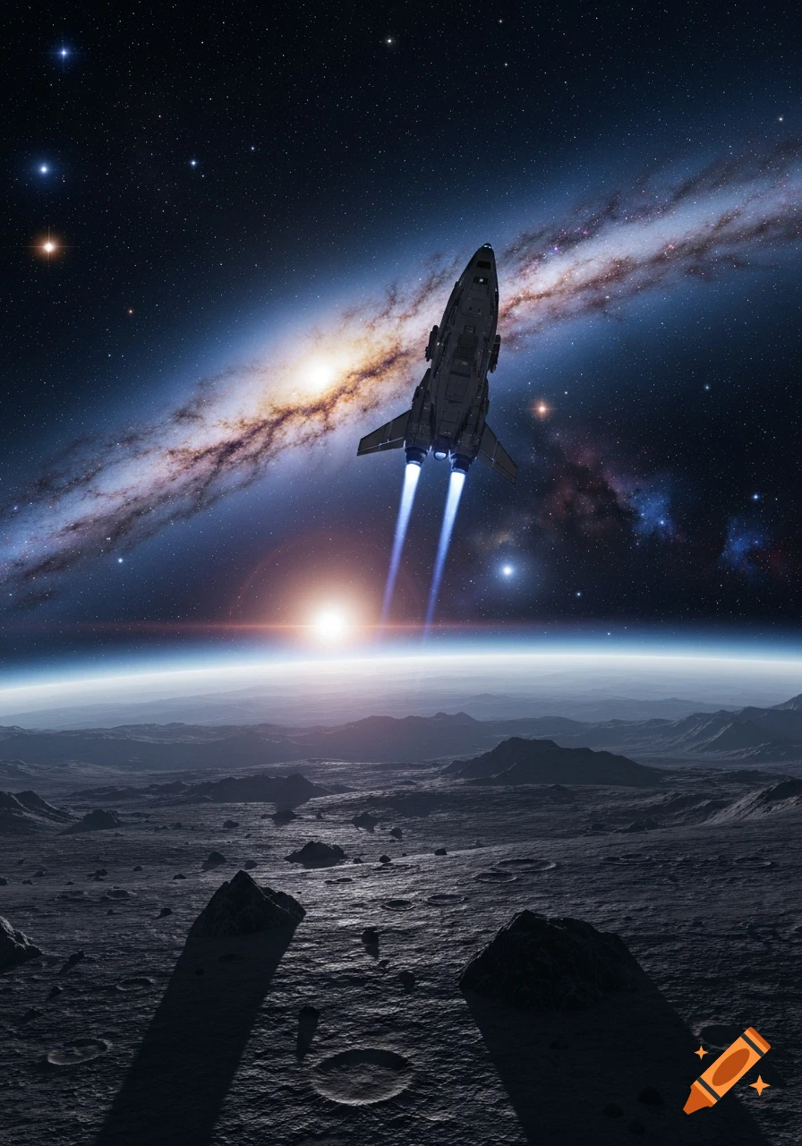 A futuristic spaceship blasts off from a desolate, cratered moon surface towards a distant planet's horizon and a glowing galaxy in the starry sky.