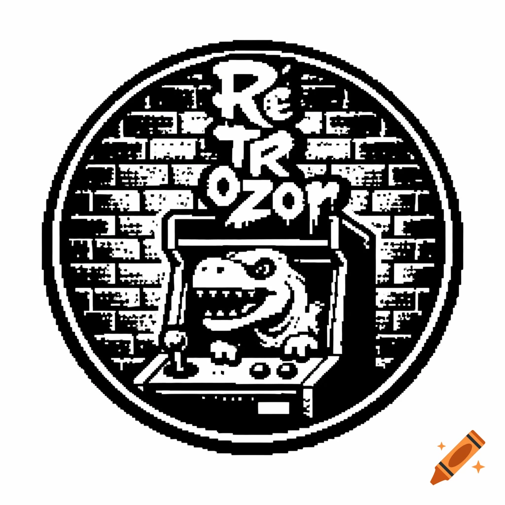 Black and white pixel art logo with 'Retrozor' in graffiti text, a T-Rex emerging from an arcade machine.