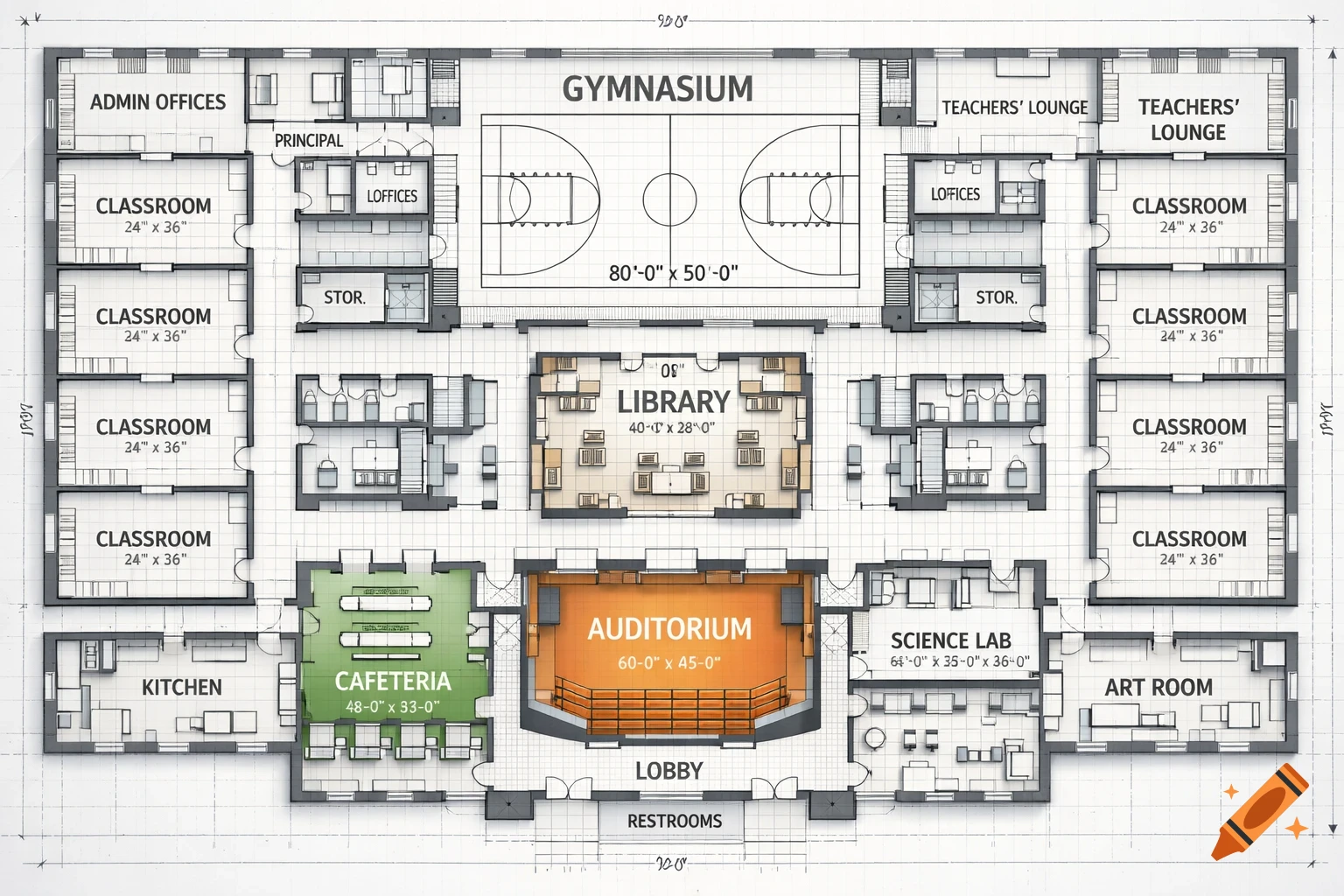 Detailed overhead blueprint of a school floor plan, showing a gymnasium, classrooms, library, auditorium, cafeteria, and various offices with labels.