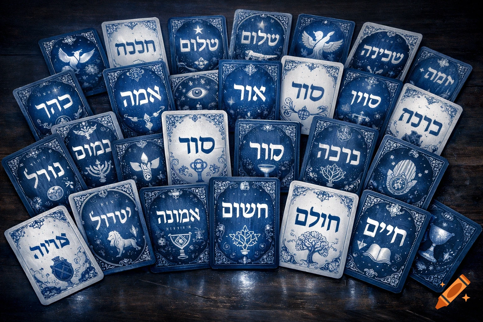 A flat lay of numerous blue and white cards with Hebrew text and various symbolic illustrations, such as a lion, menorah, tree, dove, and goblet, on a dark wooden surface.