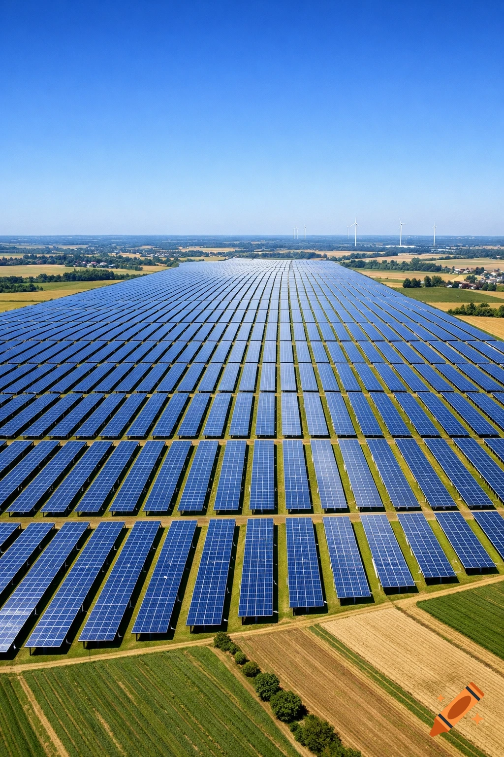 A vast solar farm stretches across a rural landscape under a clear blue sky, with wind turbines visible in the distance.