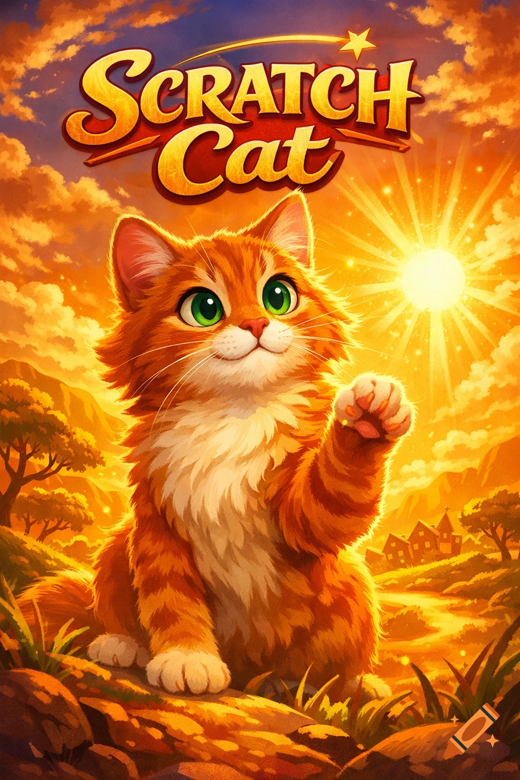 A vibrant Disney-style poster shows a fluffy orange cat with green eyes, lifting a paw, under the title "Scratch Cat" against a bright, sunny, orange sky.