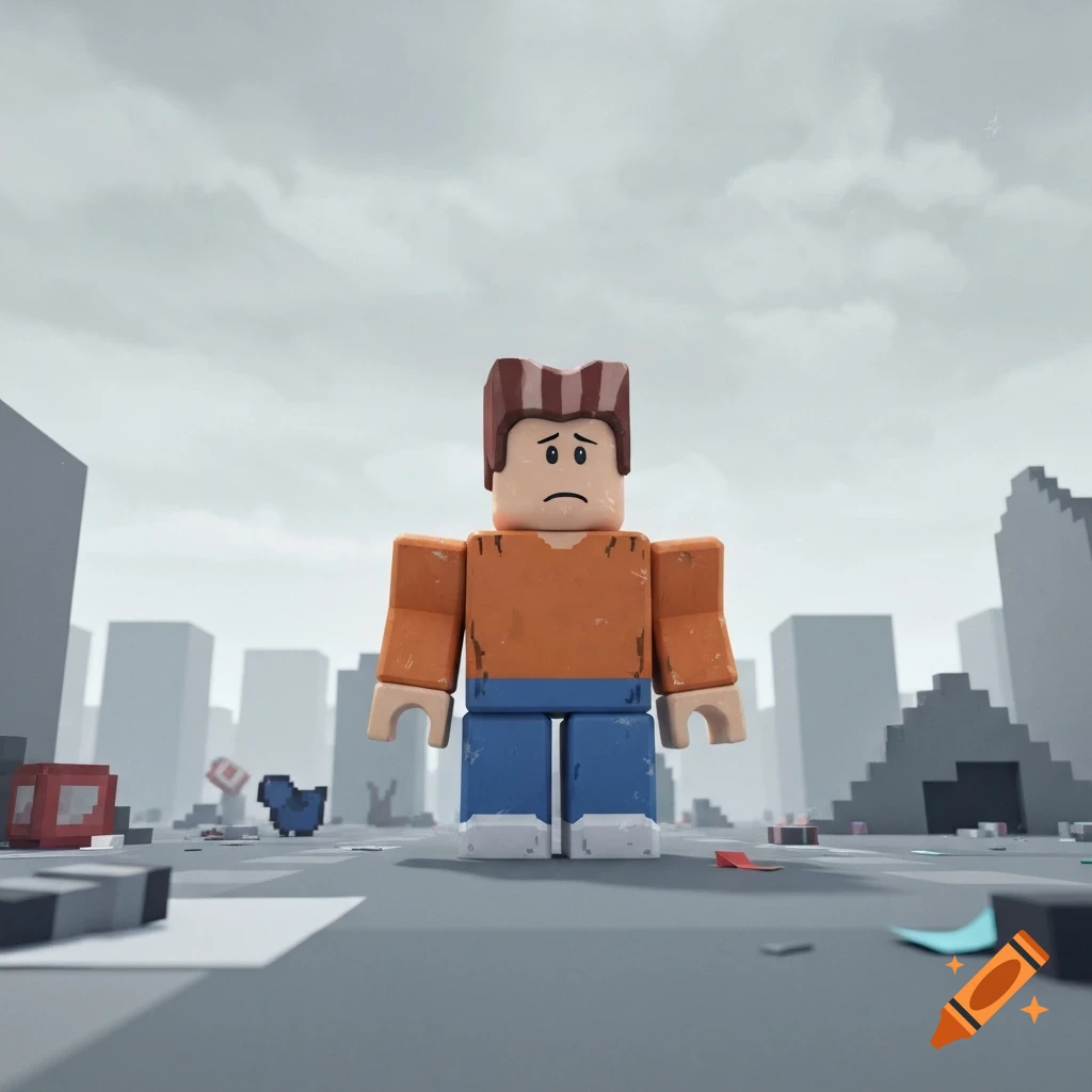 Sad Roblox 'bacon hair' character in an orange shirt and blue pants stands in a blocky, desolate city under a cloudy sky.
