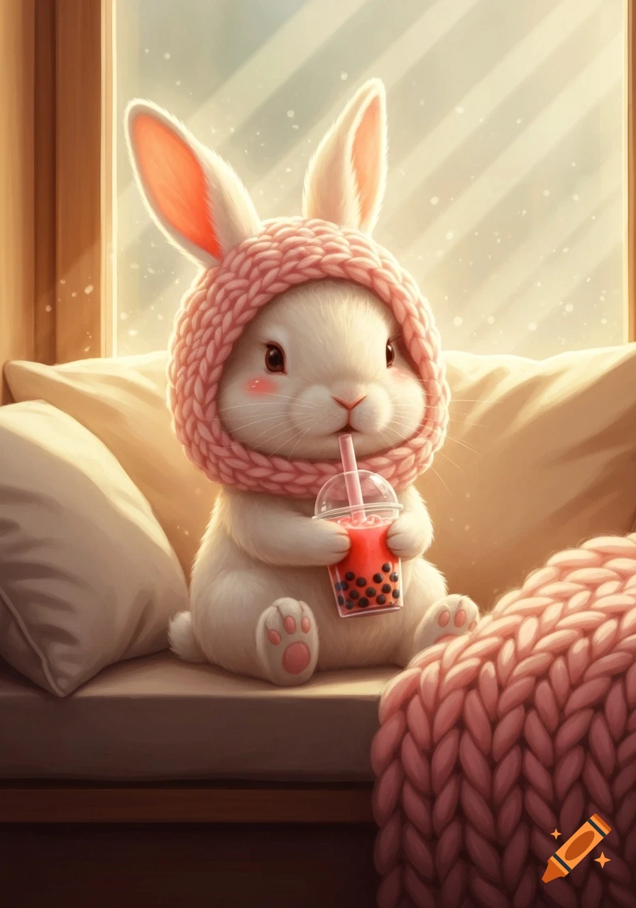 A cute white bunny in a pink knitted hood drinks strawberry boba tea while sitting on a cozy bench next to a window. Digital illustration.