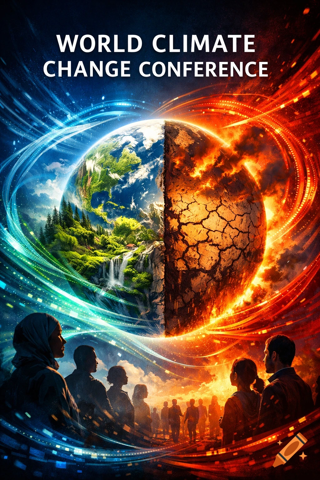 A digital art poster for a World Climate Change Conference showing a split Earth, half lush and half cracked and burning, with people looking up.