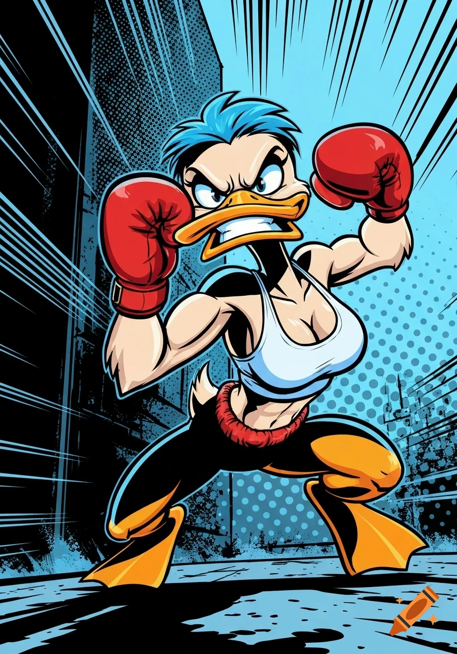 Aggressive female duck boxer with blue hair and red gloves in a comic book style.