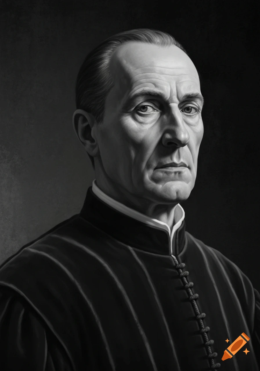Realistic black and white drawing of a stern man, possibly a Renaissance king, wearing a high-collared tunic.
