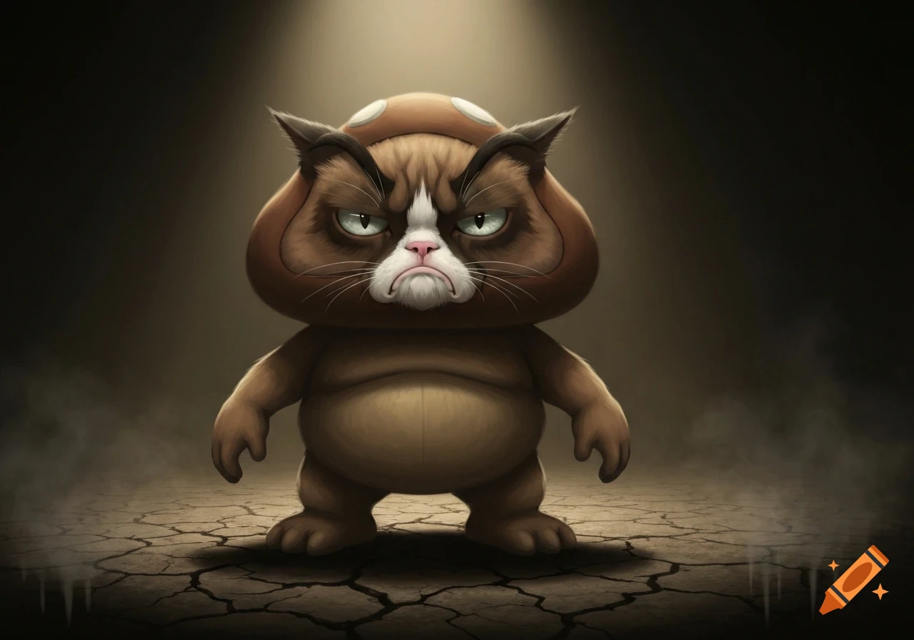 A grumpy cat-like creature with a mushroom-shaped head, resembling a Goomba, stands on cracked earth under a spotlight.