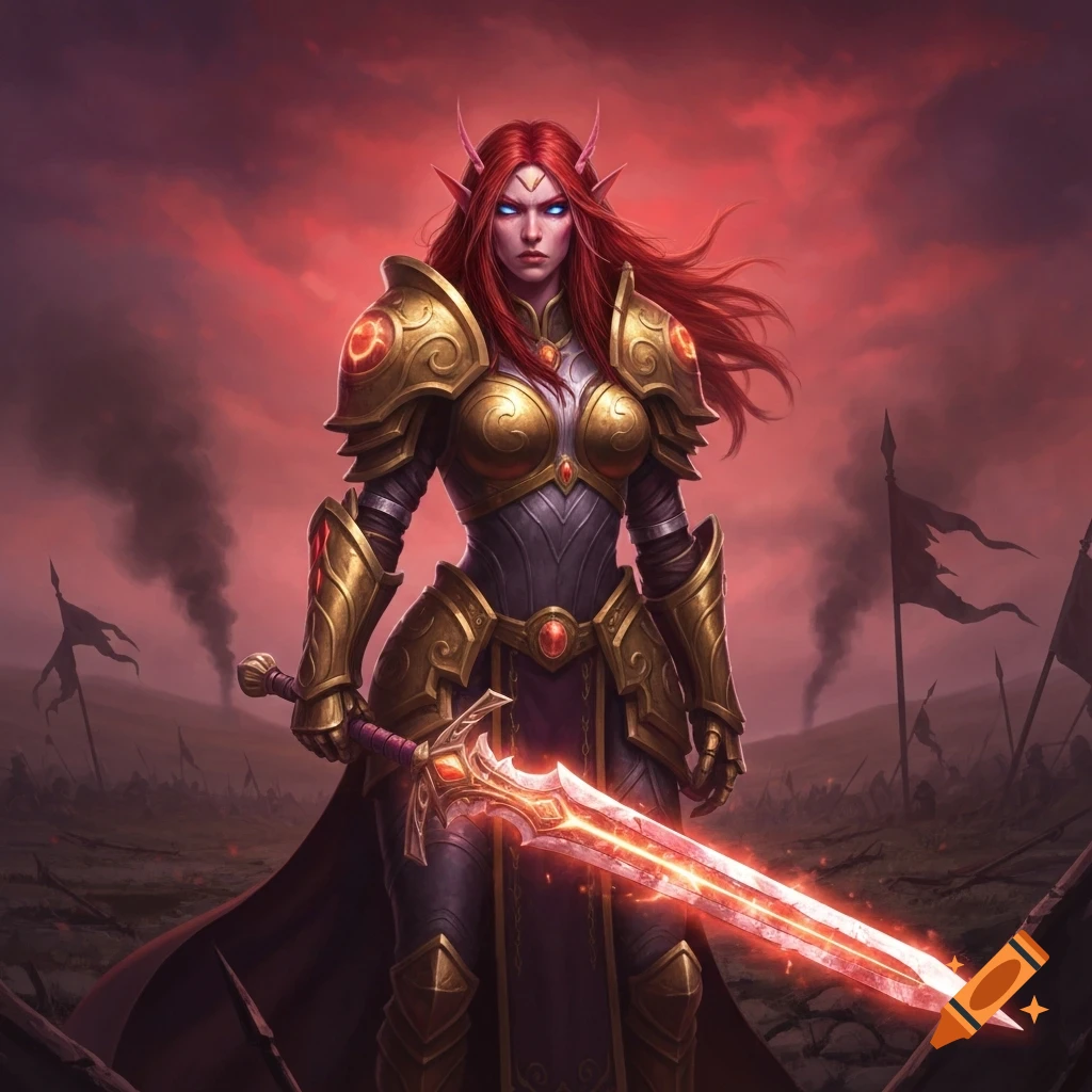 A female blood elf paladin with red hair and glowing blue eyes, wearing golden and grey armor, holds a glowing red sword on a battlefield under a red sky.