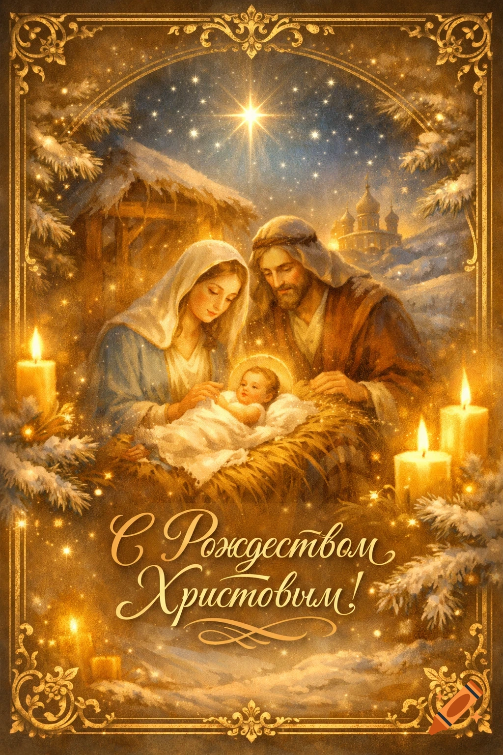 Illustration of the Nativity scene with Mary, Joseph, and baby Jesus in a manger, surrounded by candles and golden light.