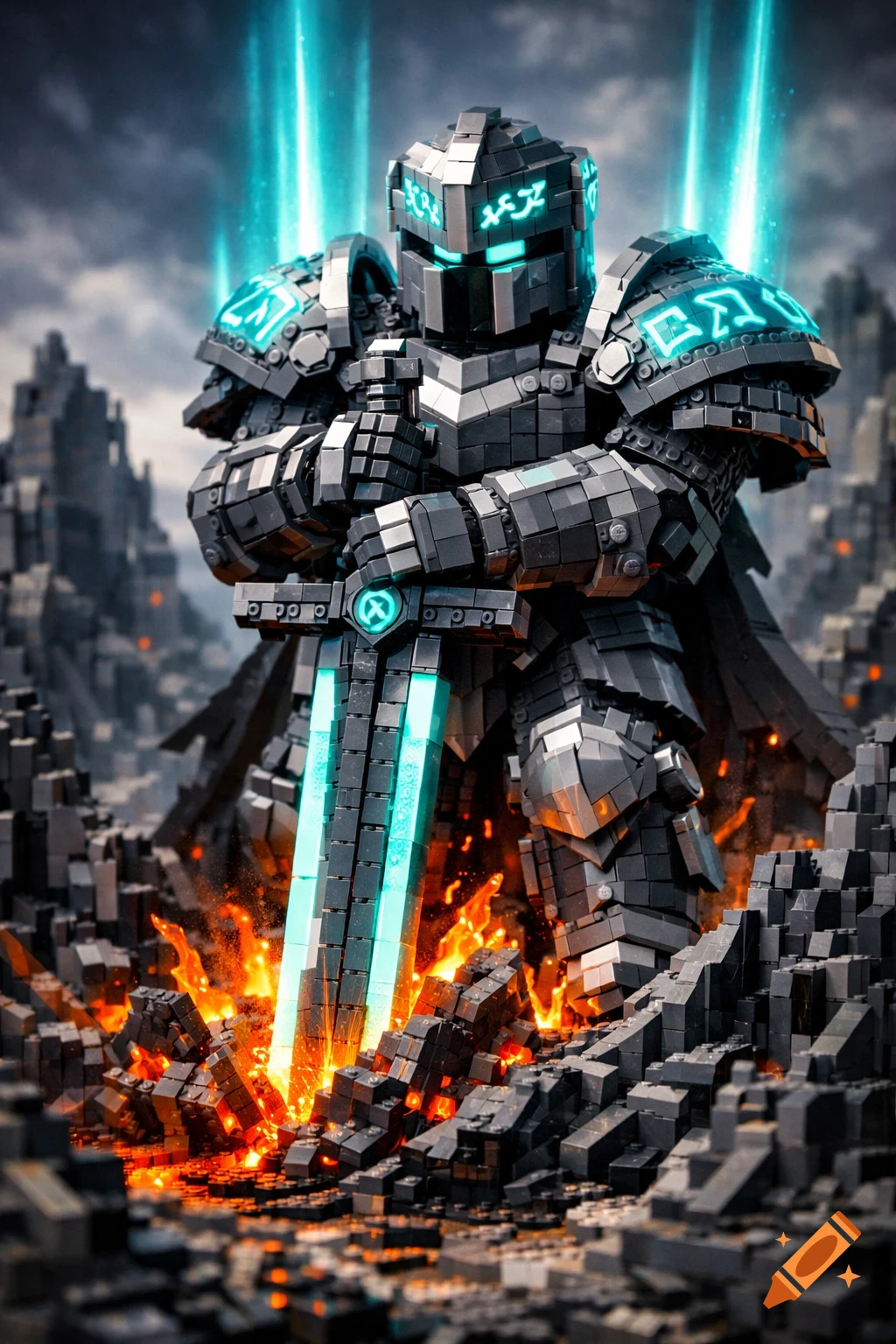 A massive armored knight made of black and grey Lego bricks stands with a glowing blue sword in a fiery, blocky landscape, under blue light beams from the sky.