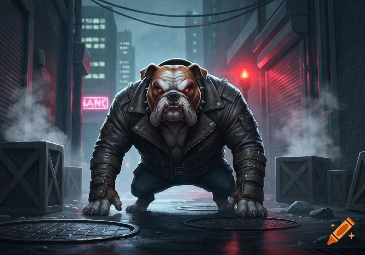 An anthropomorphic bulldog in a leather jacket and jeans squats menacingly in a dark, rainy city alley, with glowing red eyes.