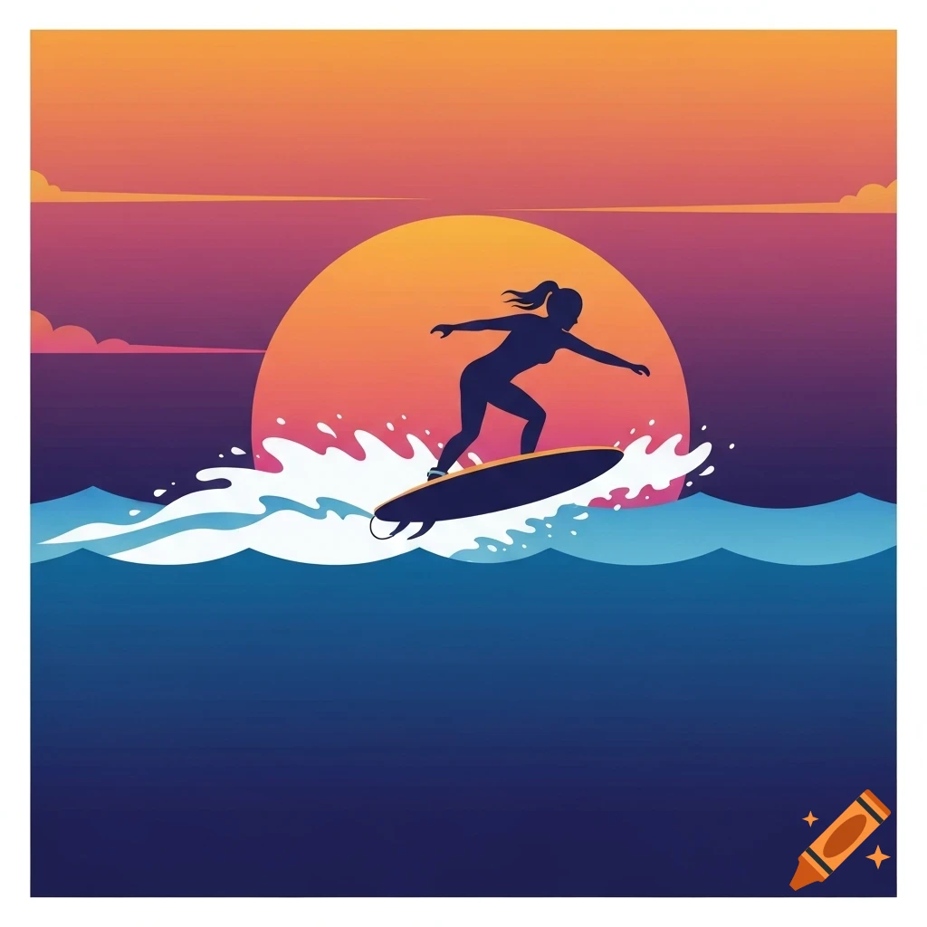 Silhouette illustration of a person wakesurfing on waves against a vibrant orange and purple sunset.