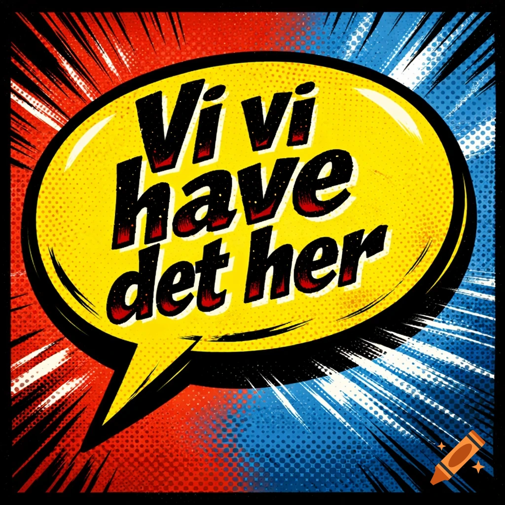 Comic book style speech bubble with 'Vi vi have det her' text, set against a red and blue halftone background.
