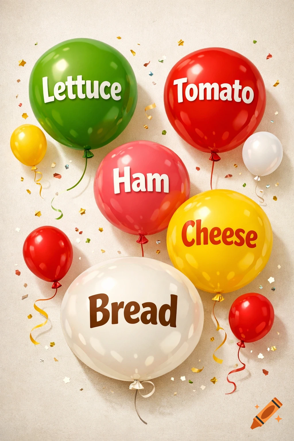 A poster with colorful balloons on a light background with confetti. Words like Lettuce, Tomato, Ham, Cheese, Bread are on the balloons.