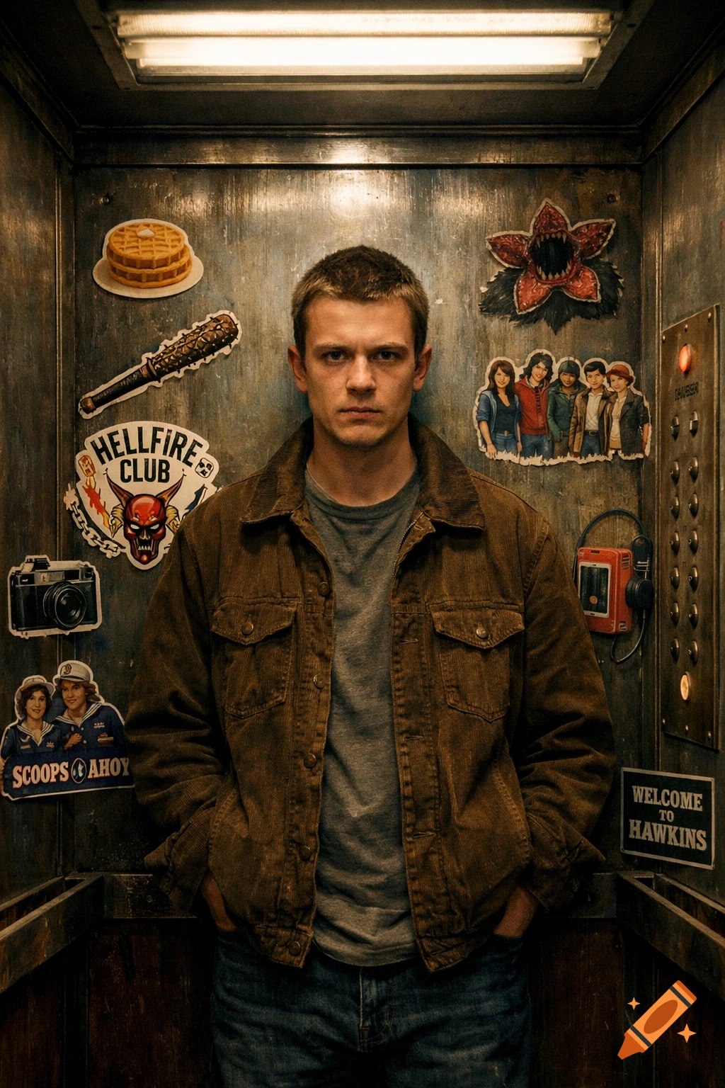 A man stands in an elevator decorated with various Stranger Things stickers, including a Demogorgon, waffles, and Hellfire Club logo.