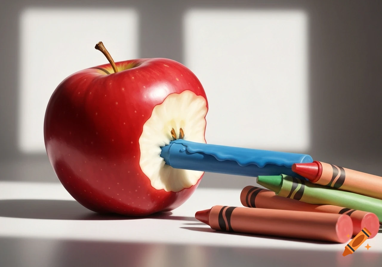A red apple with a bite taken out, a blue crayon inserted into the bite, surrounded by other colorful crayons. Photorealistic still life.