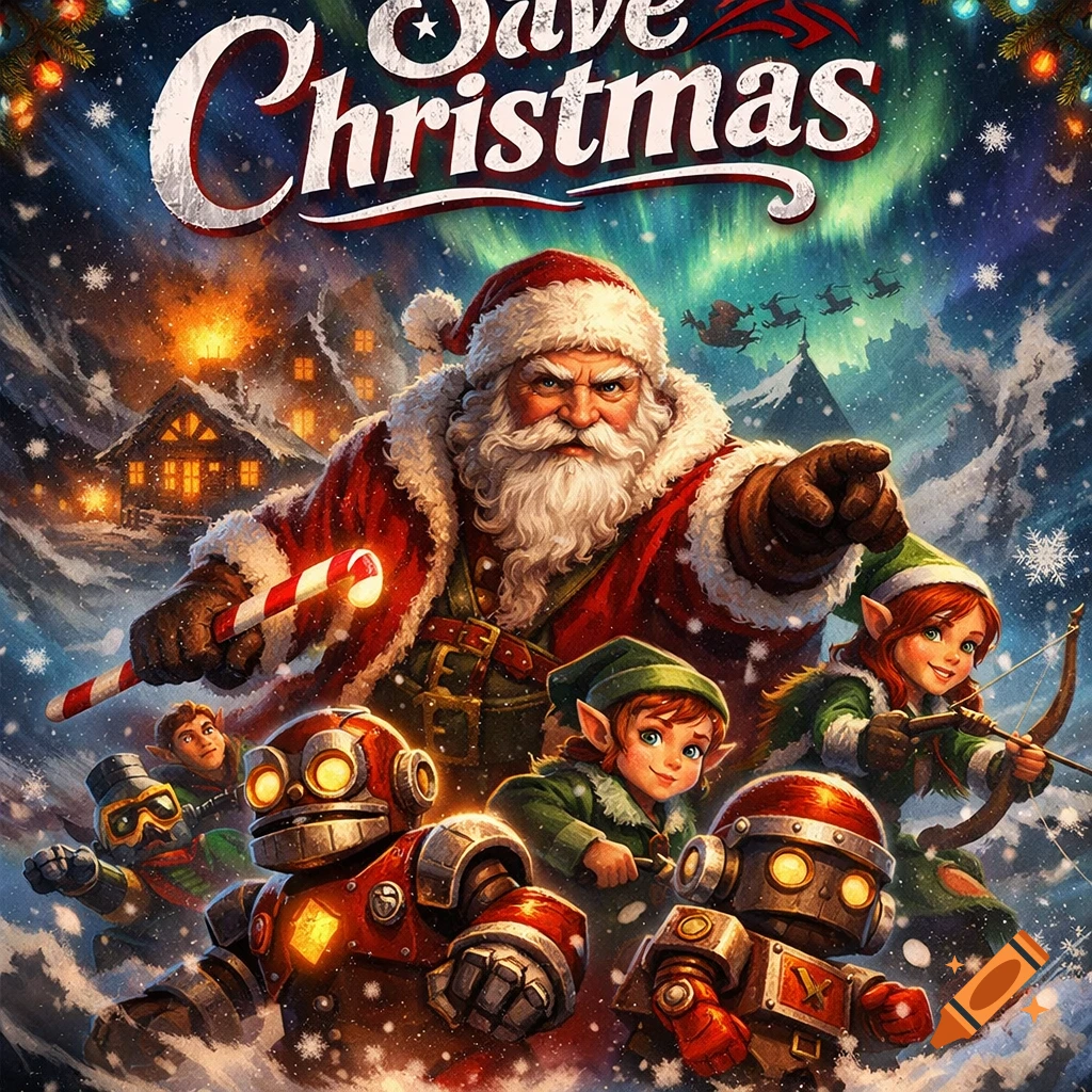 An action-packed illustration of Santa Claus, elves, and robots saving Christmas in a snowy village with aurora borealis.