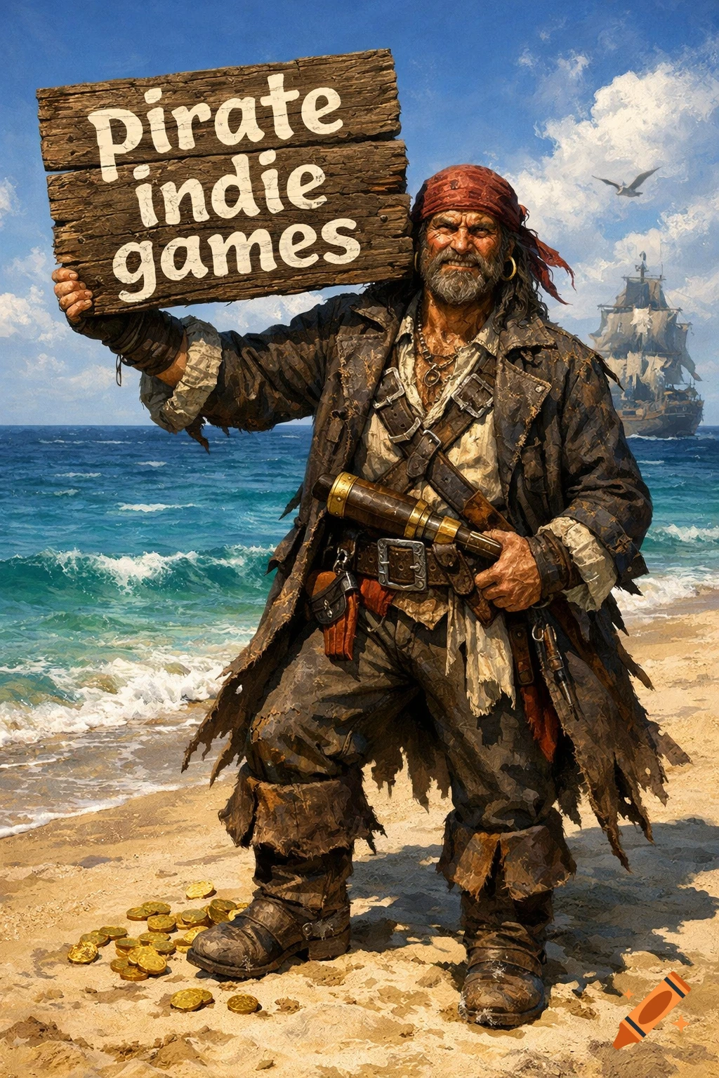 A photorealistic pirate in tattered clothes holds a wooden sign reading 'pirate indie games' on a sandy beach with a ship in the ocean.