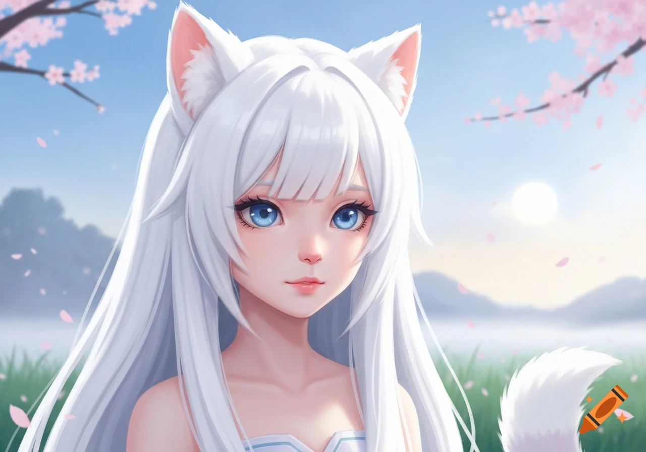 Anime catgirl with long white hair, blue eyes, white cat ears, and a tail, in a field with cherry blossoms under a sunny sky.