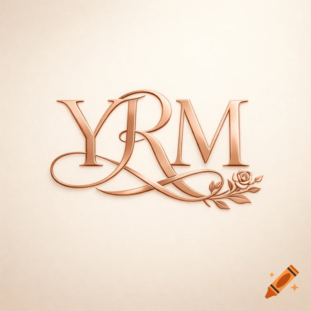 Elegant rose gold YRM monogram logo with a delicate floral flourish on a creamy beige background.