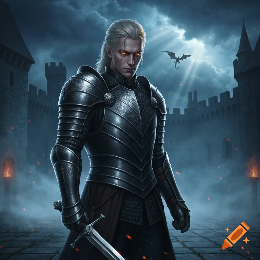 A white-haired man in dark fantasy armor with glowing orange eyes holds ...