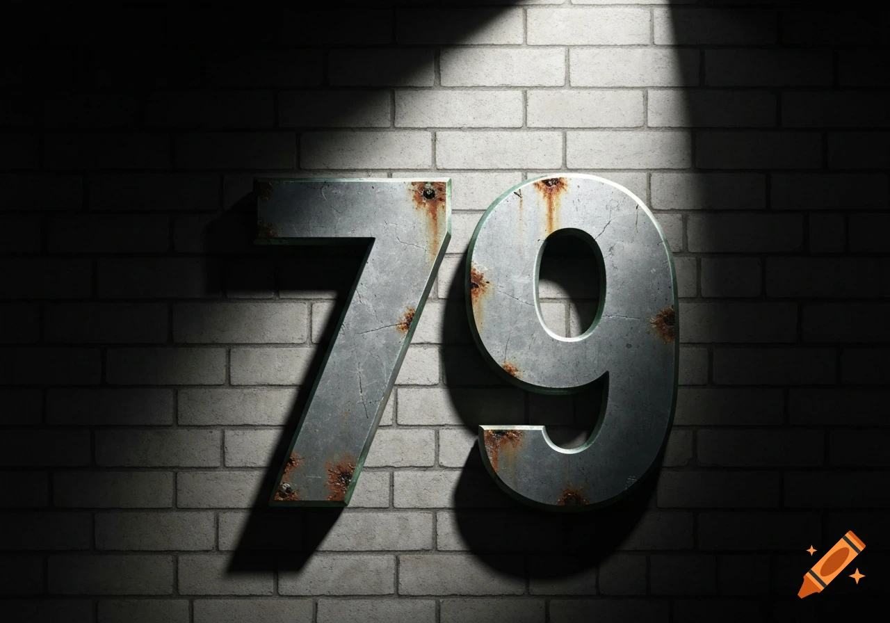 The number 79 in a rusty, cracked metal style, illuminated by a spotlight against a brick wall.
