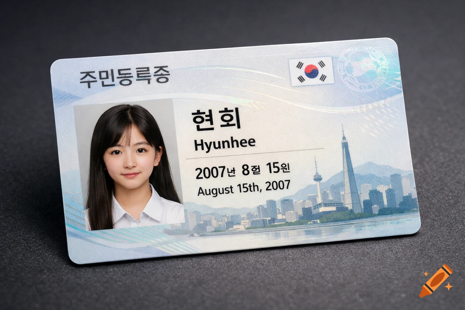 A photorealistic South Korean ID card with a young girl's photo, the name Hyunhee, and the birthdate August 15th, 2007.