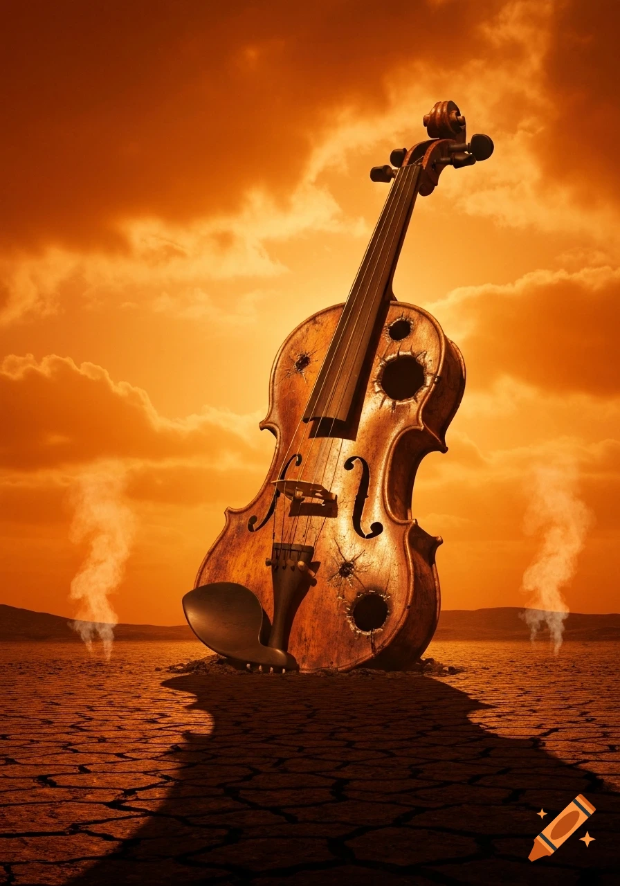 A battle-scarred violin stands upright on cracked desert ground under an orange, cloudy, apocalyptic sky with distant smoking vents.