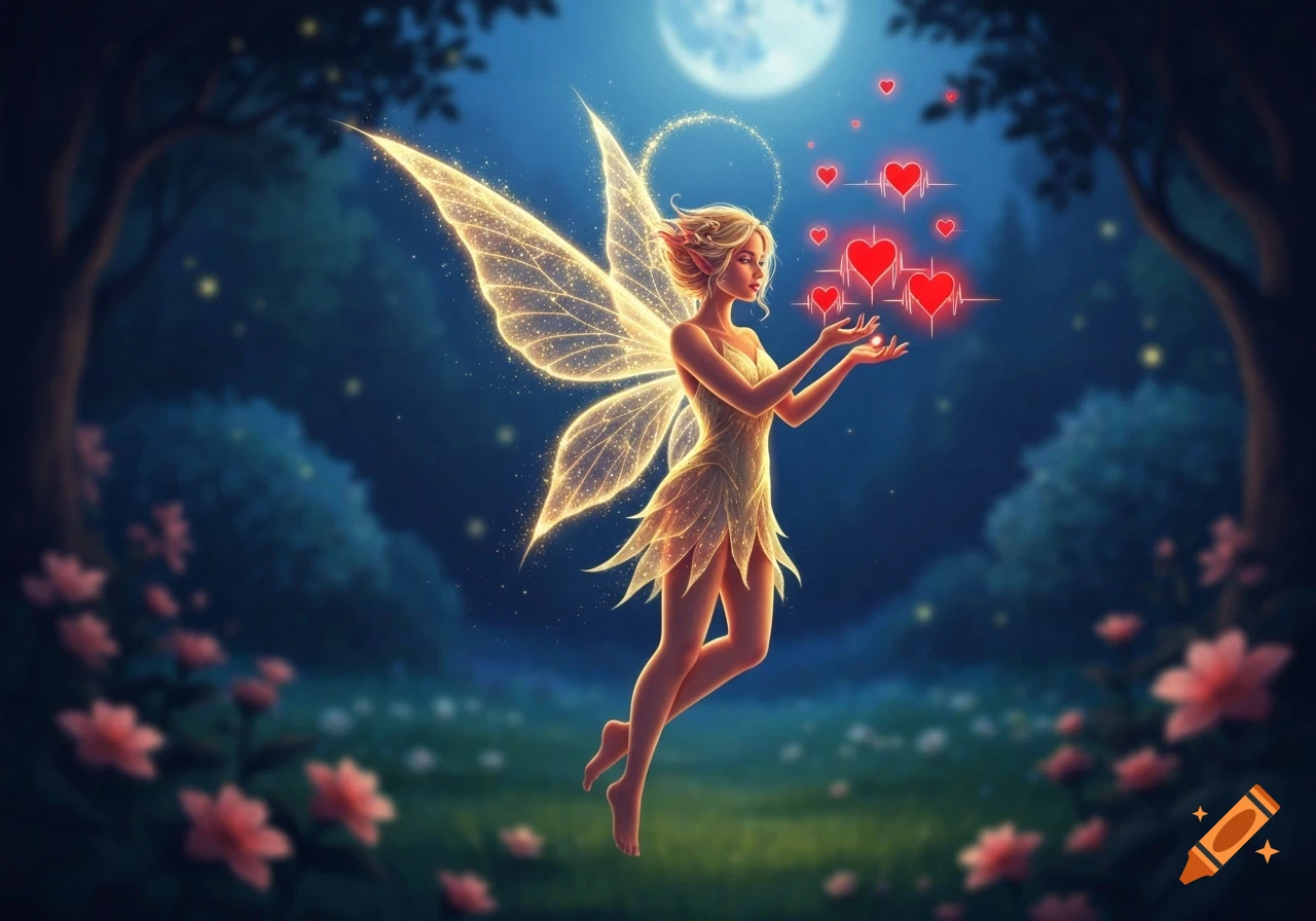 A radiant gold fairy with sparkling wings floats in a magical forest under a full moon, holding glowing red hearts.