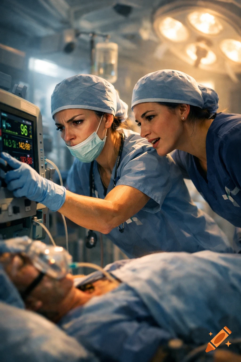Two nurses in scrubs and caps attend to a patient in an operating room, one adjusting a medical monitor displaying vital signs.