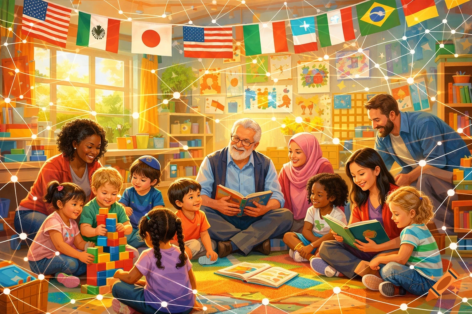 A diverse group of adults and children in a vibrant classroom with international flags, some reading books, others playing with blocks, under a glowing network overlay.