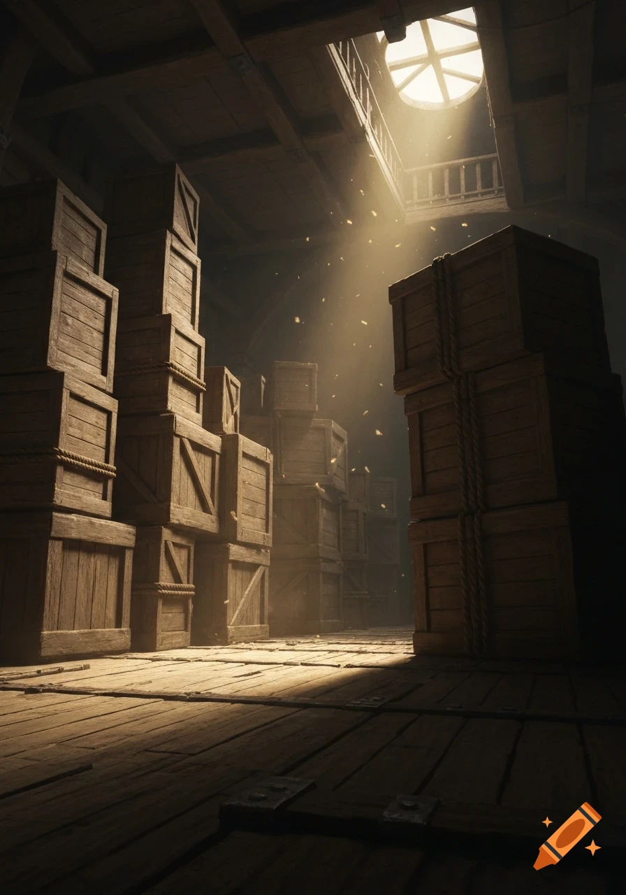 Sunlight streams into a dusty, old wooden cargo hold, illuminating stacked wooden crates in a shadowy room.