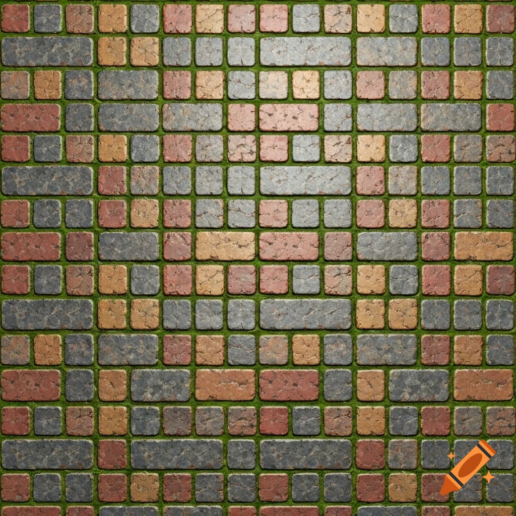 Close-up, top-down view of a colorful cobblestone texture with green moss between the stones.