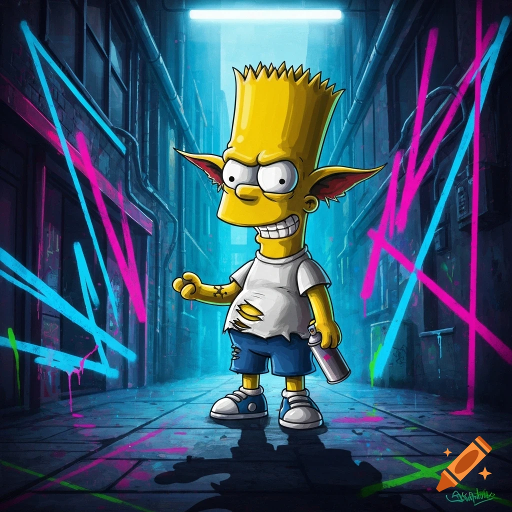 A mischievous-looking Bart Simpson-like character with pointy ears and sharp teeth, holding a spray can, in a neon-lit graffiti alley.