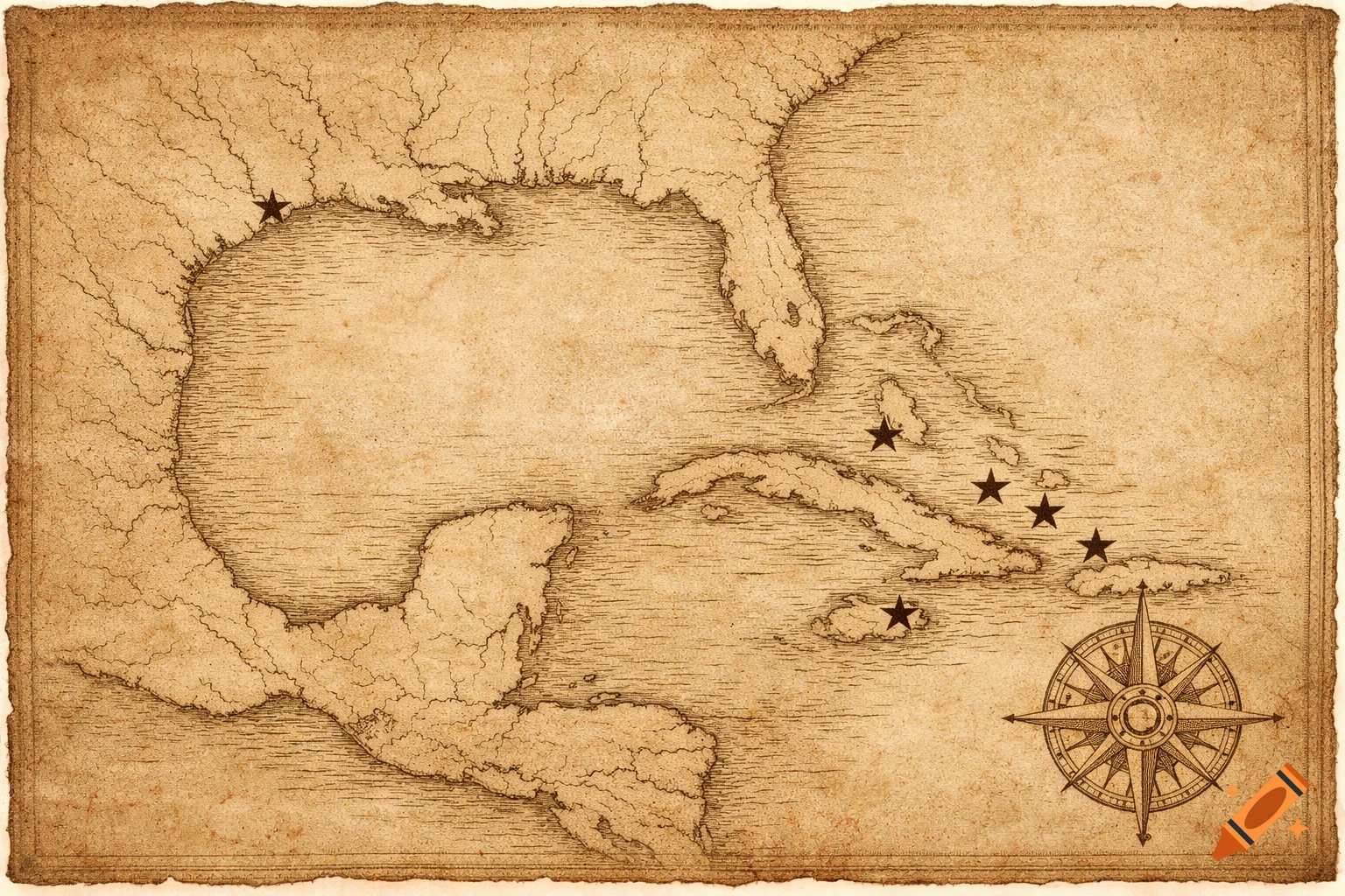 Hand-drawn antique map on parchment showing the Gulf of Mexico and Caribbean Sea with star markings and a compass rose.