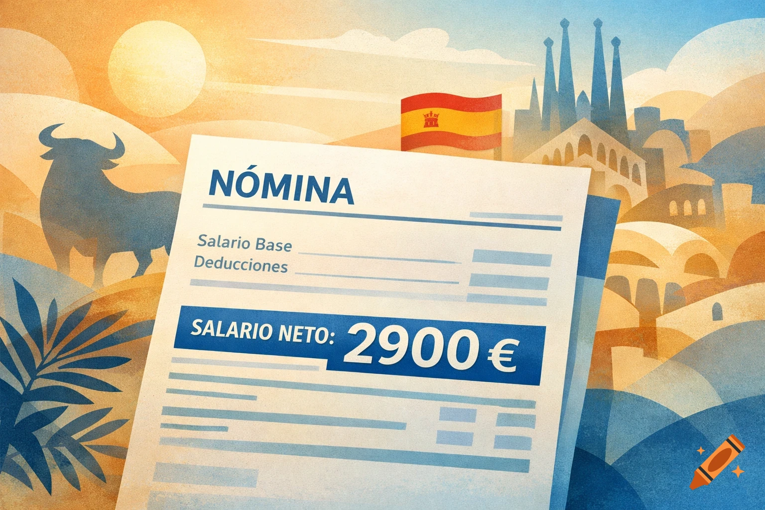 Stylized illustration of a Spanish payslip showing "SALARIO NETO: 2900€" against a background with a bull, Spanish flag, and city skyline.