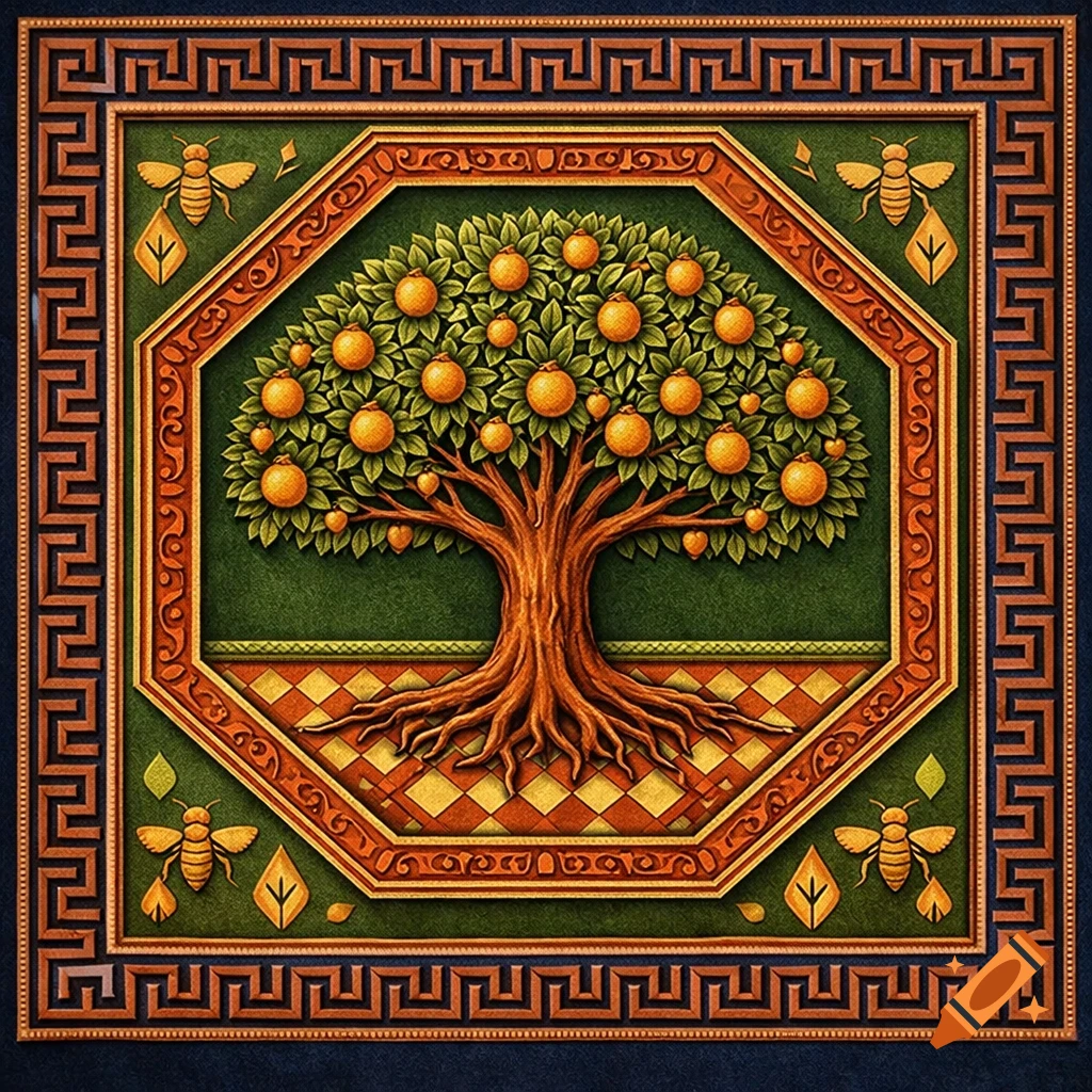 Stylized Tree of Life with orange fruits in an octagonal frame, surrounded by decorative borders featuring bees and Greek key patterns, in rich green, orange, and gold tones.