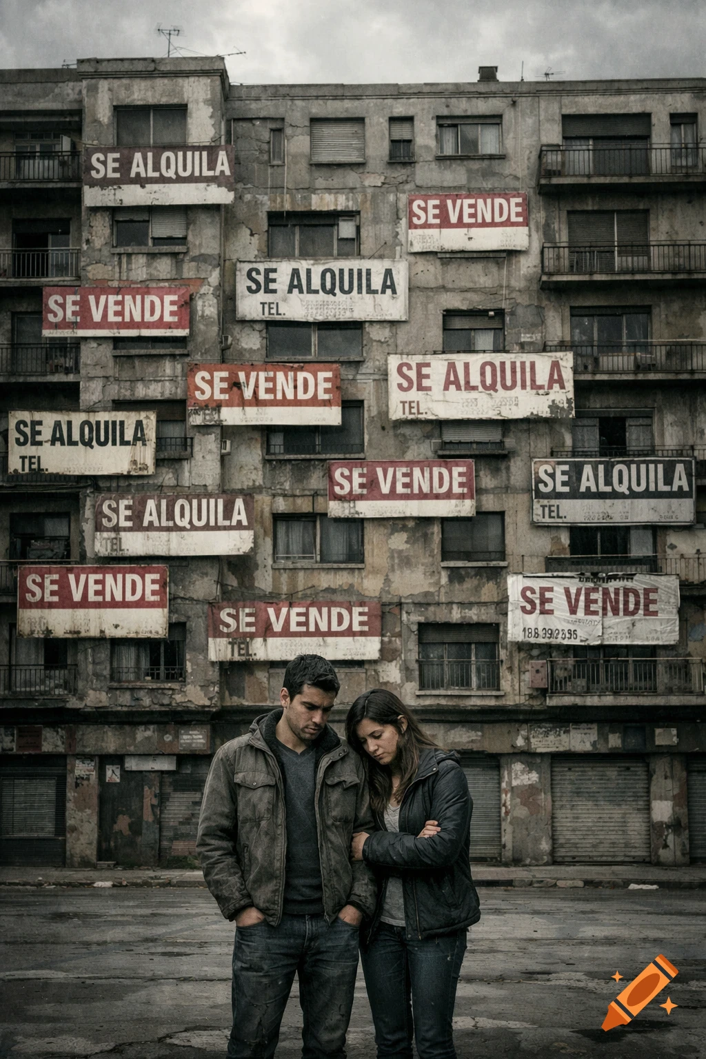 Photorealistic image of a young, frustrated couple standing in front of a rundown urban building covered in 'for rent' and 'for sale' signs.