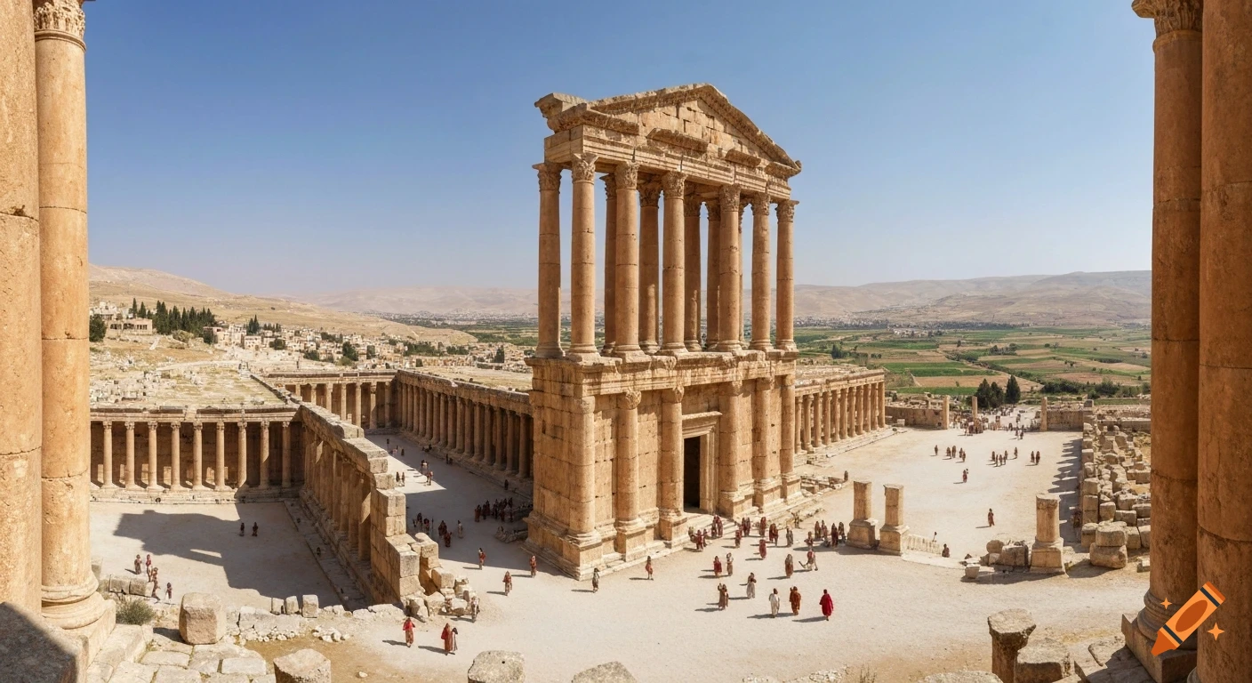 Photorealistic panoramic view of the monumental Roman temple complex of Baalbek, with towering columns, vast courtyards, and people.