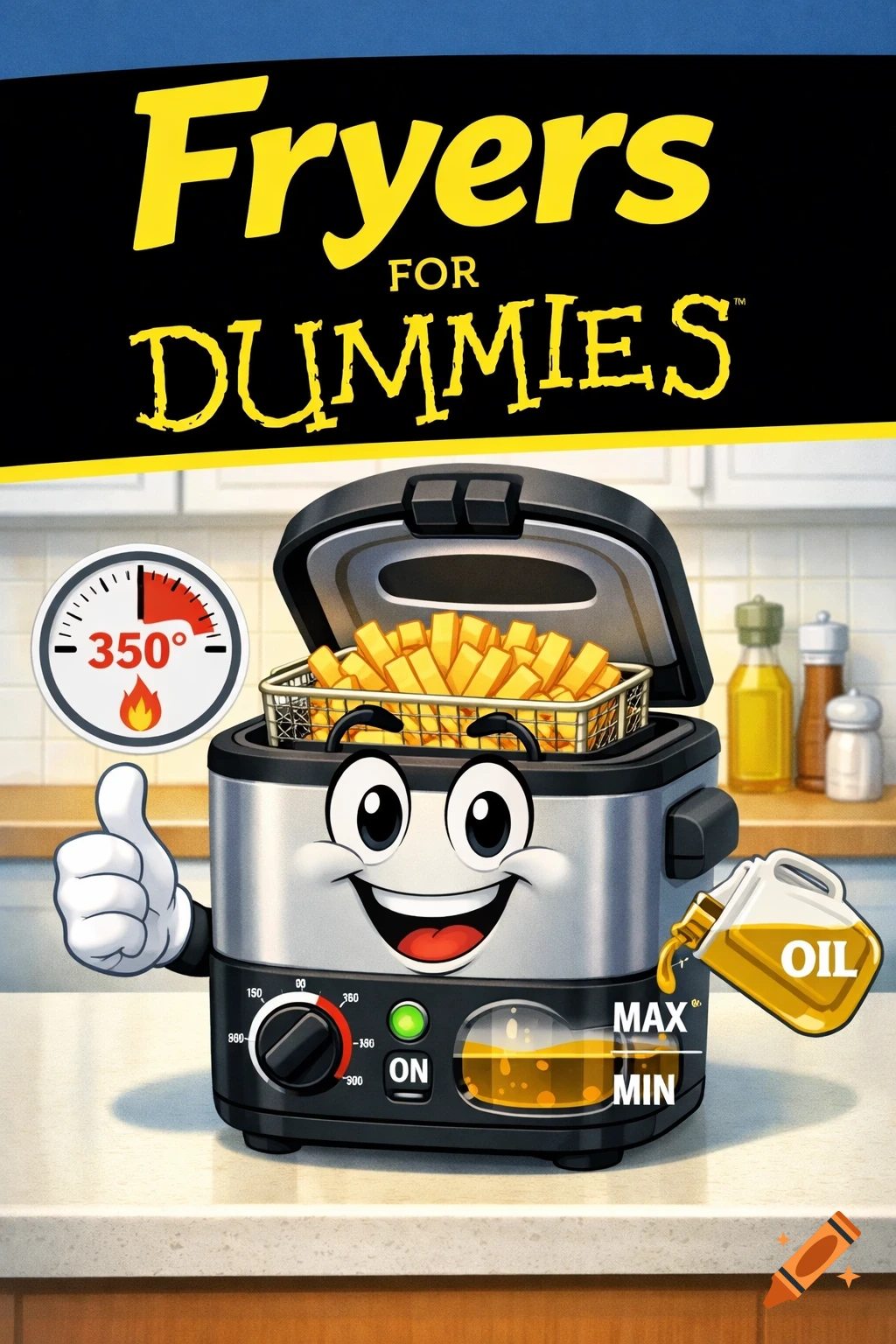 Cartoon deep fryer character giving a thumbs up, filled with french fries, with text "Fryers for Dummies" on a kitchen background.
