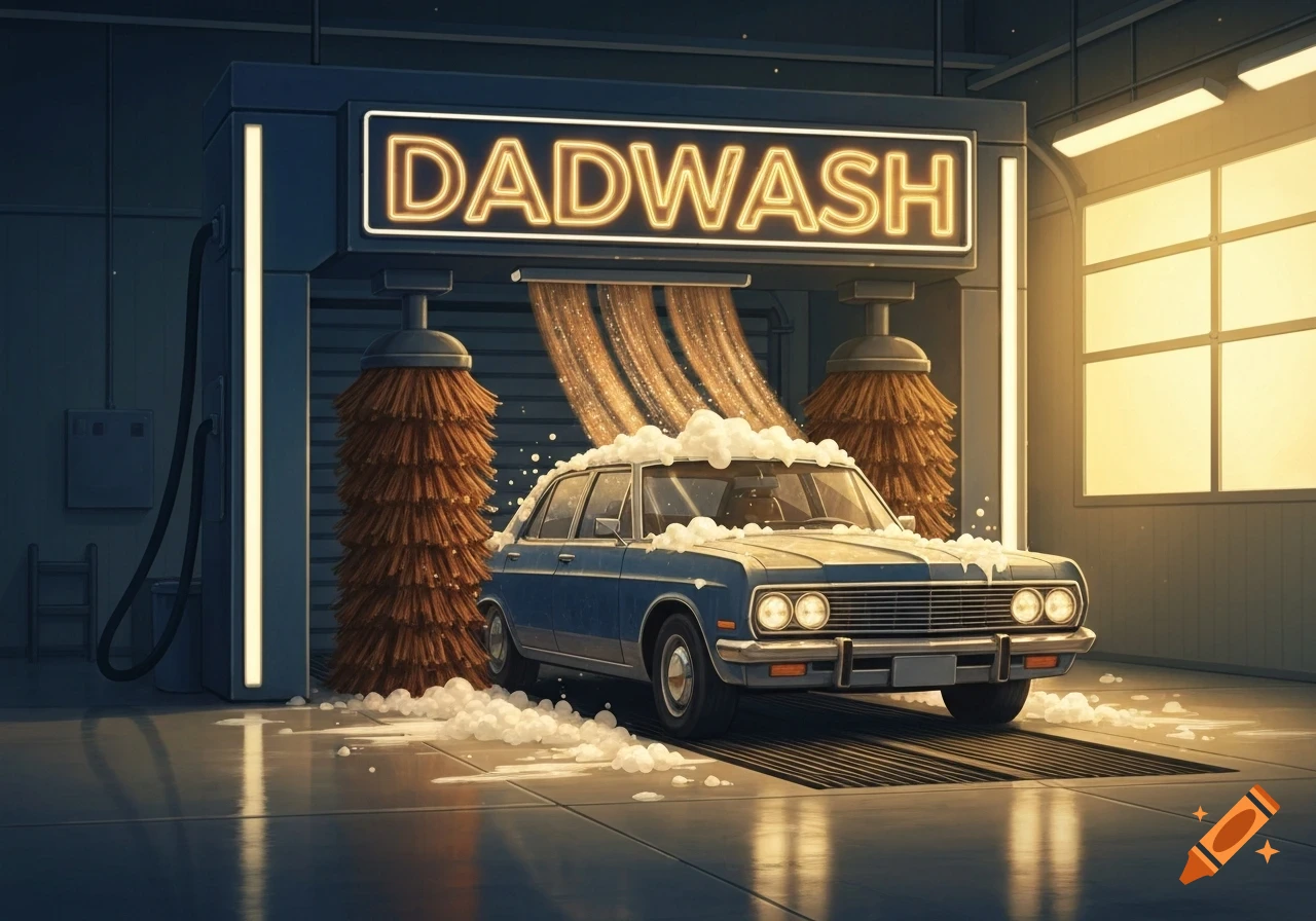 A blue car covered in foam and water getting washed in an automatic carwash with large brushes, under a neon sign that reads DADWASH.