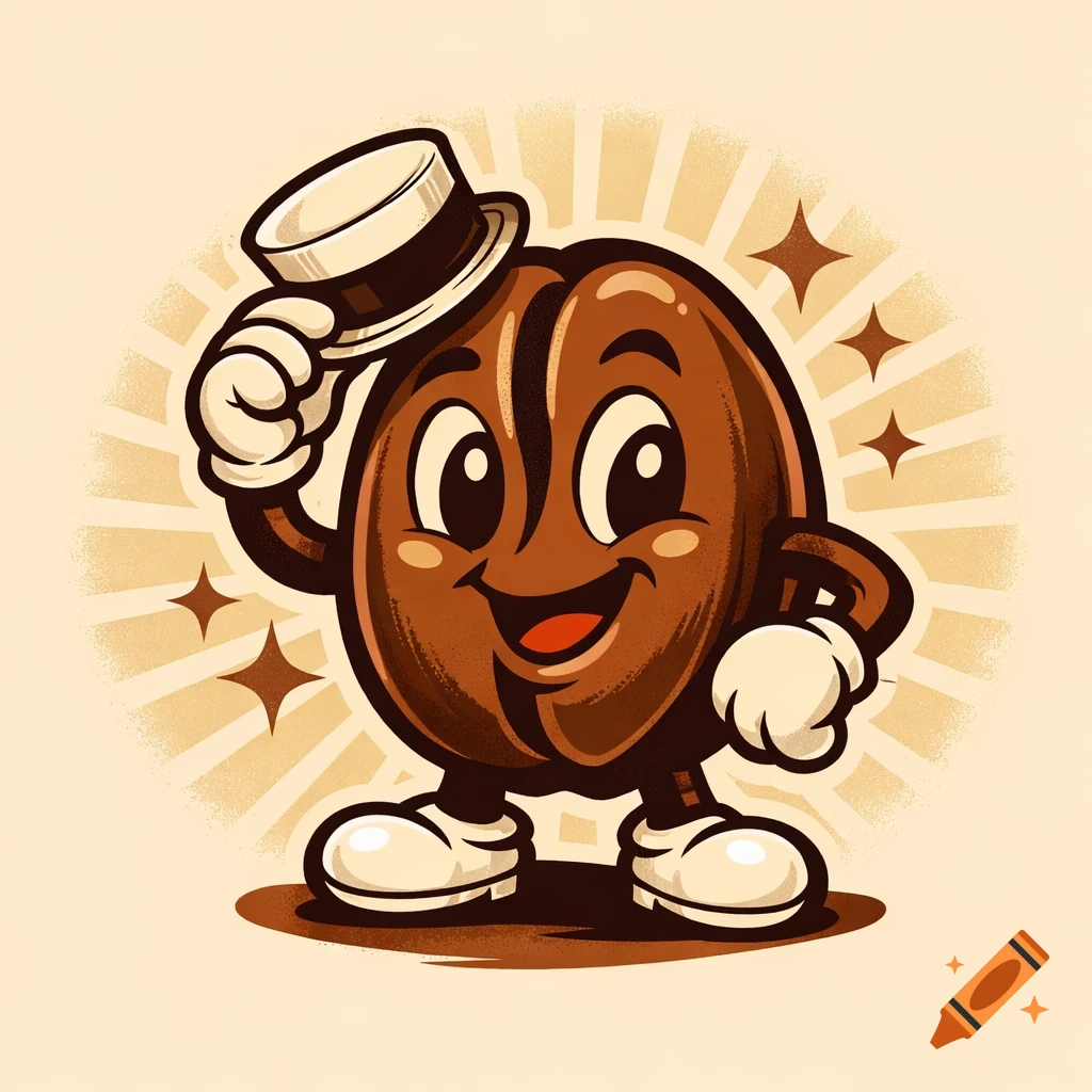 A cheerful, retro-style cartoon coffee bean character wearing a top hat and waving, against a light background with starbursts.