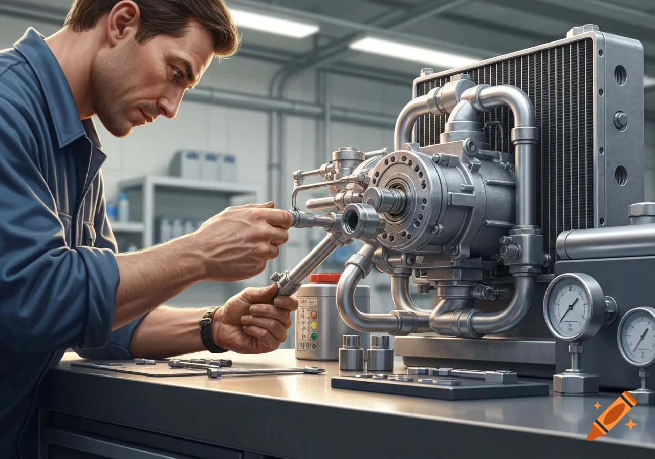 A male mechanic intently works on intricate machinery with pipes and gauges in a well-lit workshop, photorealistic.