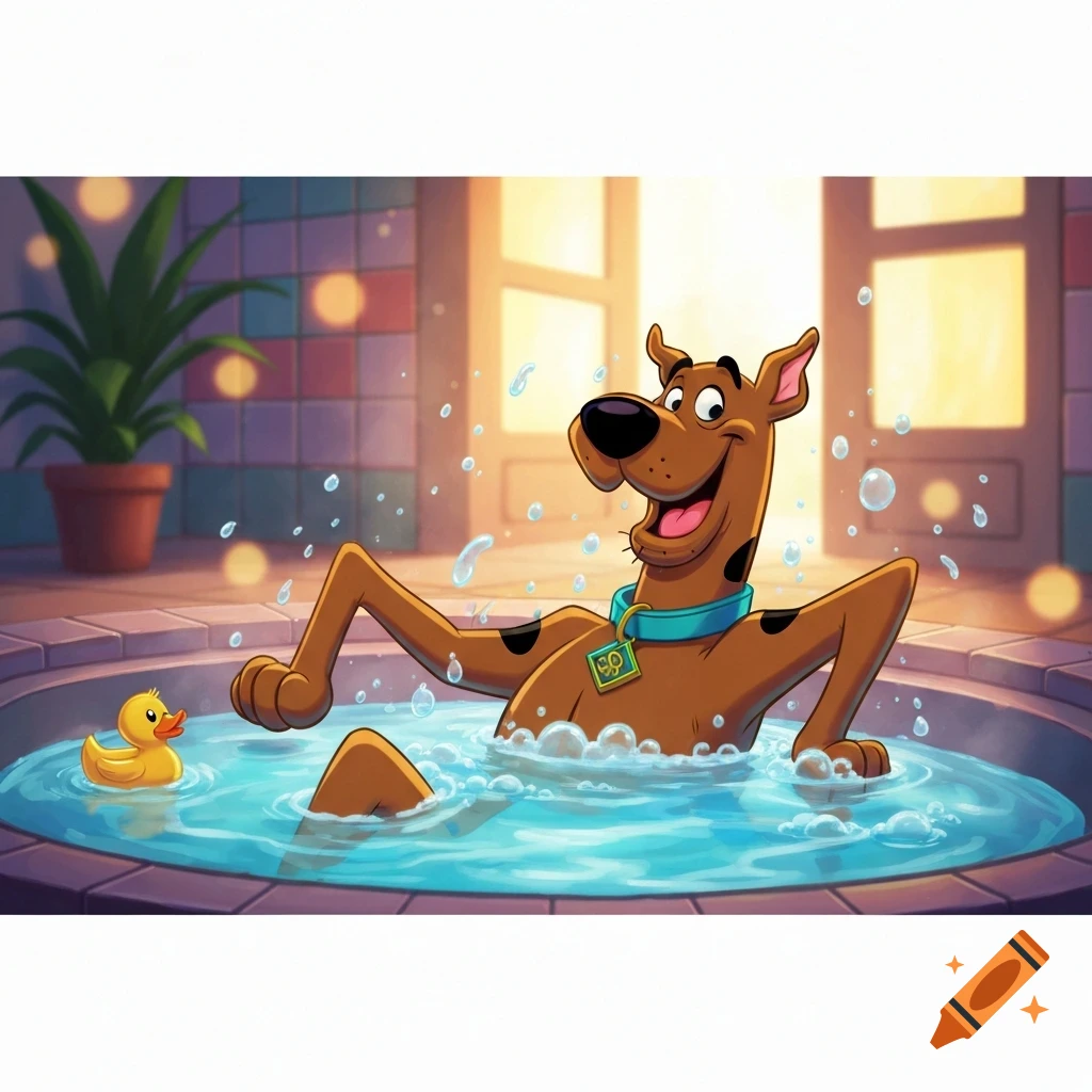 Scooby-Doo relaxing in a bubbly hot tub with a rubber duck in a cartoon style.