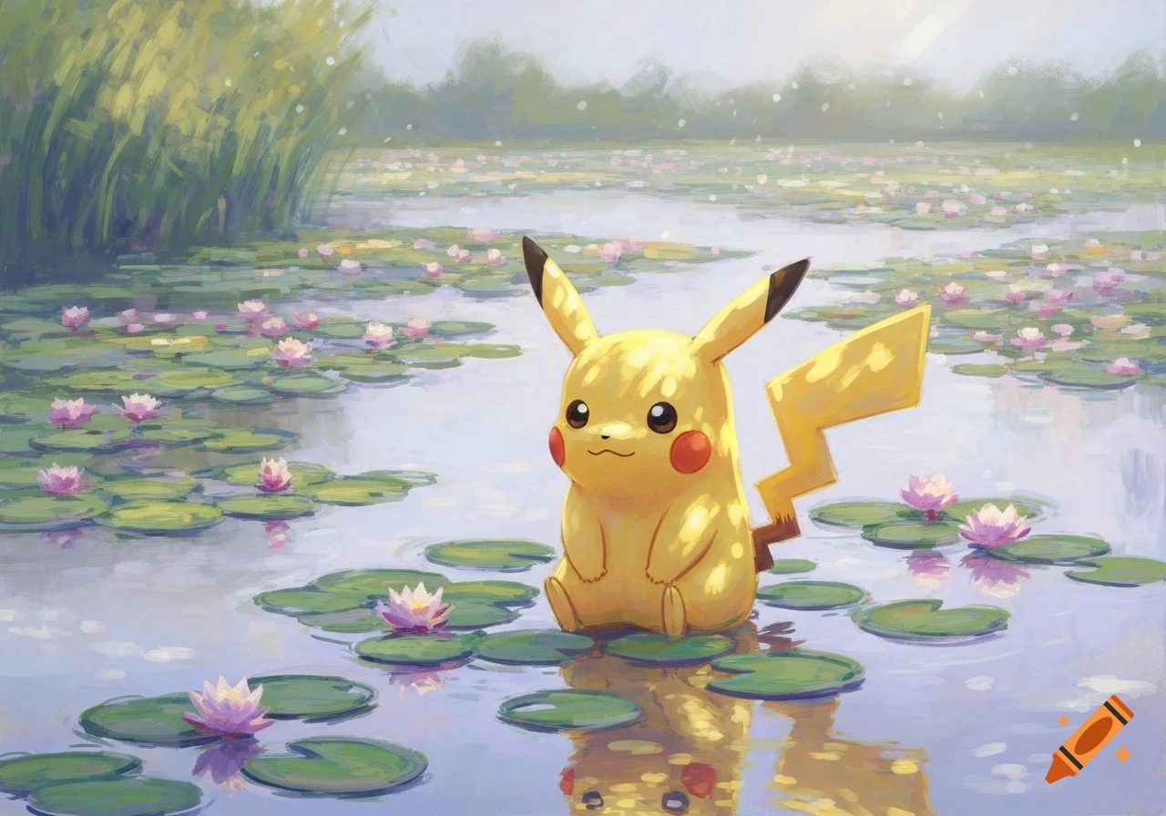 A painting of Pikachu sitting among water lilies in a pond, with a soft, impressionistic style reminiscent of Monet.