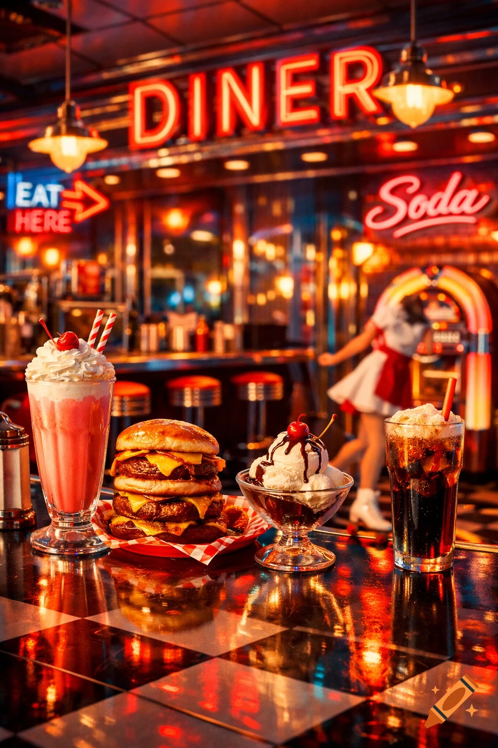 Photorealistic image of a vintage diner with a milkshake, triple-decker burger, sundae, and soda on a checkered counter, under neon signs.